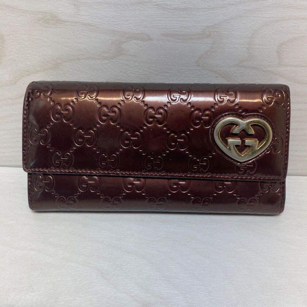 Gucci Shiny Guccissima Lovely Heart Continental Wallet in metallic burgundy